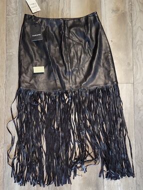 Trouve Black Fringe Leather-Effect Midi Skirt